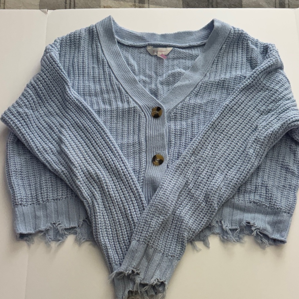 No Boundaries Light Blue Frayed Cardigan